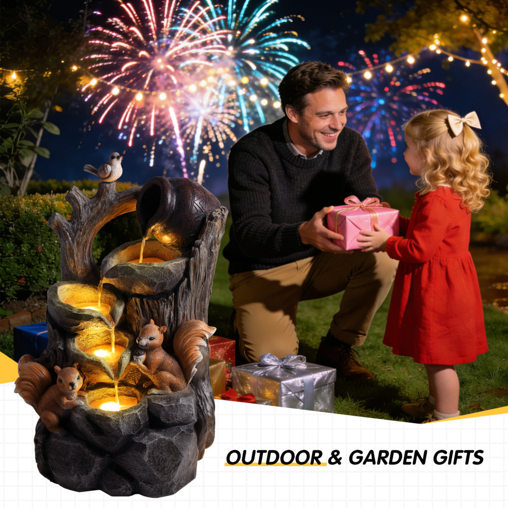 Squirrel Outdoor Water Fountain with LED Lights | Resin Tree Stump & Pouring Jug Waterfall Garden Decor for Patio, Yard & Porch