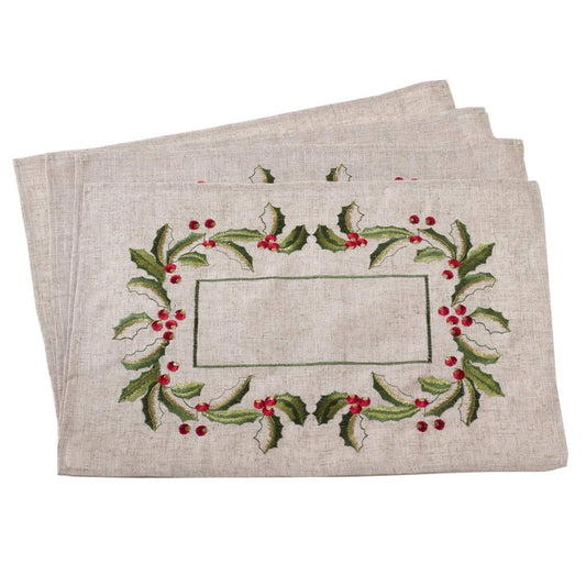 Fennco Styles Embroidered Holly Design Christmas Linen Blend Tablecloth - Natural Table Cover for Home Décor, Banquets, Holiday Gathering and Special Events