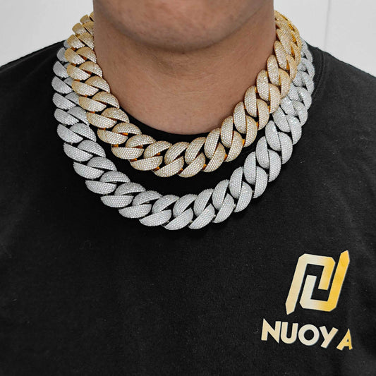 Stacking 24mm Cuban Chain Necklace and Bracelet Set with Zirconia Stones in Gold or White Gold