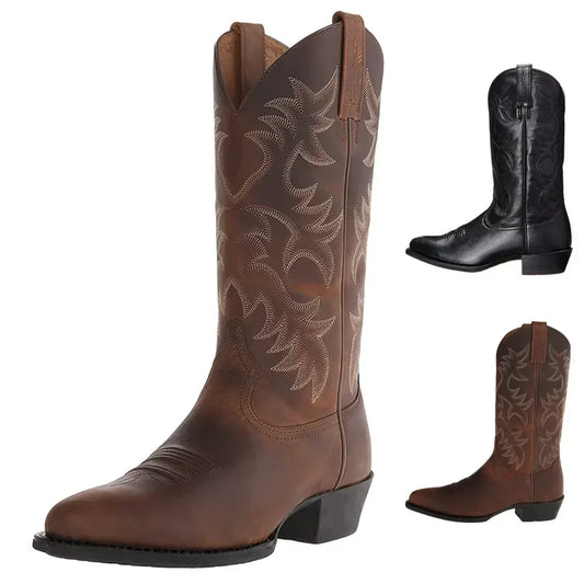 Handmade Cowboy Boots Embroidery Western Boots Pointed-toe Mid-calf Riding Boots