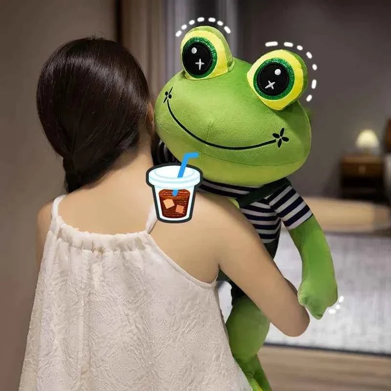Kawaii Big Eye Frog Plush Toy β Soft Stuffed Cartoon Frog with Striped Overalls (30β50cm)