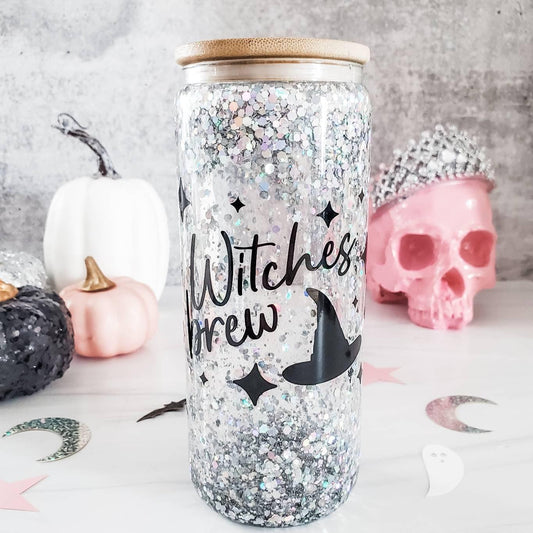 Witches Brew Halloween Snowglobe Glitter Iced Coffee Cup