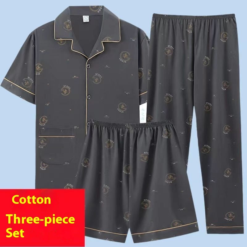 Men's Pajamas Summer Cotton Short Sleeve Trousers Three-piece Set