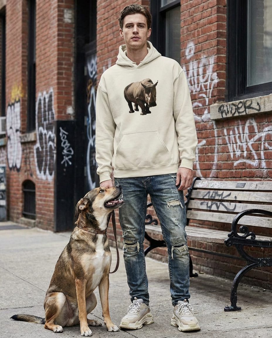 Stylish Rhino Hoodie, Moss Apparel, Cozy Animal Sweatshirt, Wildlife Apparel, Gift for Nature Lovers, Eco-Friendly Fashion Hoodie