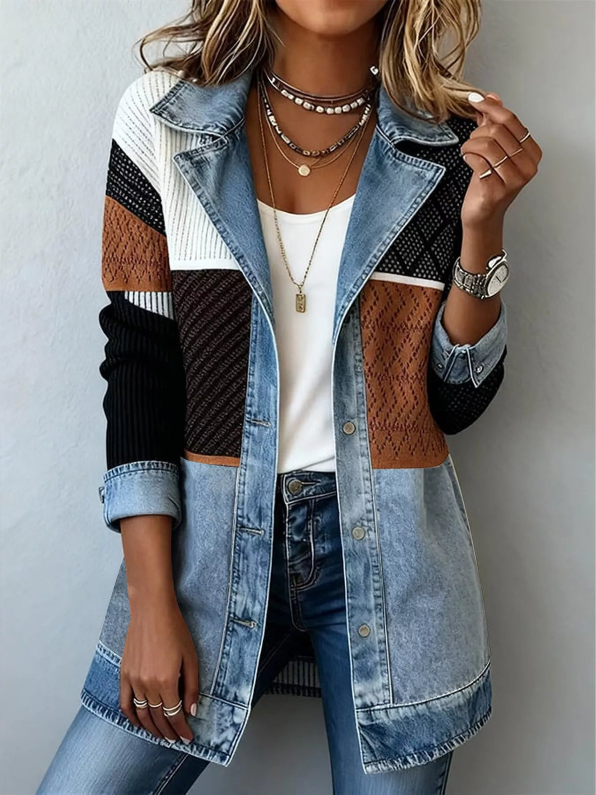 Block Denim and Knit Patchwork Casual Jacket