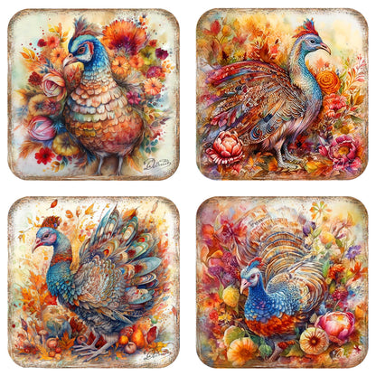 Turkey Wooden Cork Coasters Gift Set of 4 by G. Debrekht - Thanksgiving Decor  - 8199437C-S4
