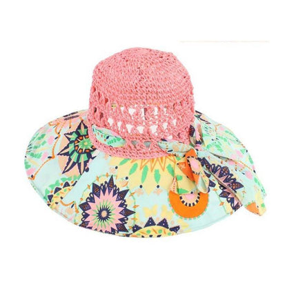 Women's Patterned Straw Beach Sun Hat – Round Crown UV Protection Summer Hat