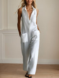 Women Clothing Casual Loose Sleeveless Single Breasted Wide Leg Pants Outdoor Cargo Overalls