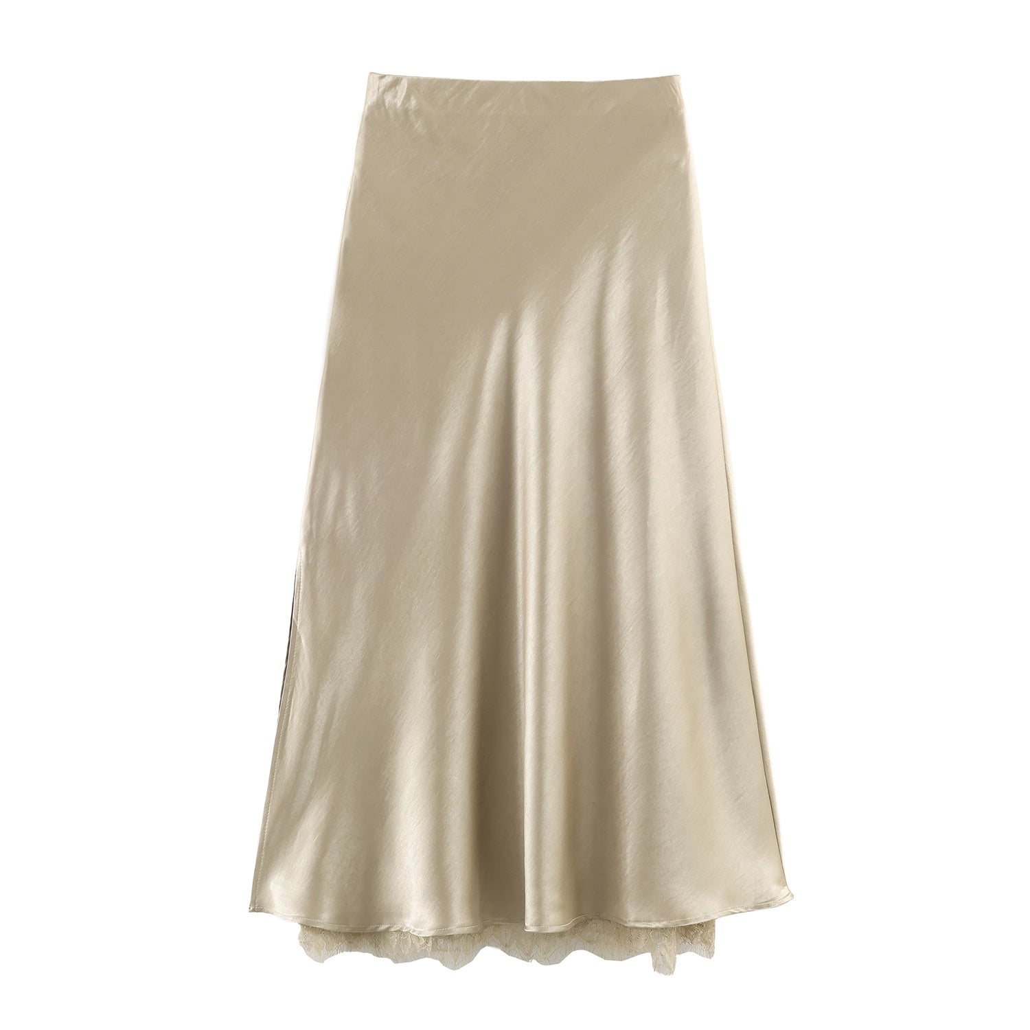 Satin Acetate Lace Patchwork Slit Skirt Long Skirt