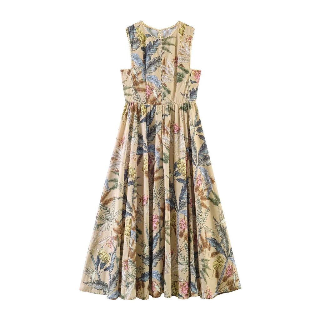 Women Clothing Summer Plant Print Sleeveless Dress