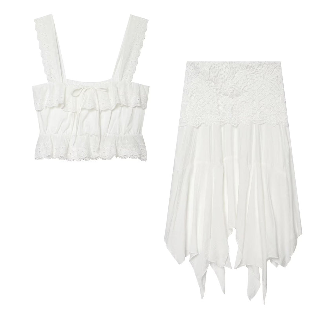 Hollow Out Cutout Embroidered Short Top Embroidery Asymmetric Midi Skirt Sets