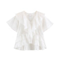 Women Clothing Summer Lace V neck Patchwork Ruffled French White Shirt