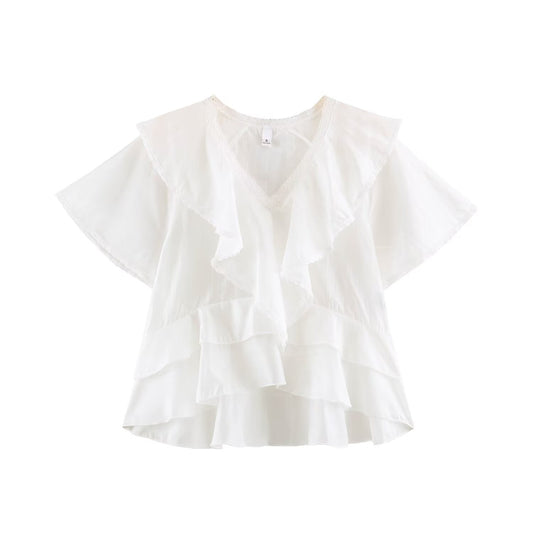 Women Clothing Summer Lace V neck Patchwork Ruffled French White Shirt