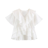 Women Clothing Summer Lace V neck Patchwork Ruffled French White Shirt