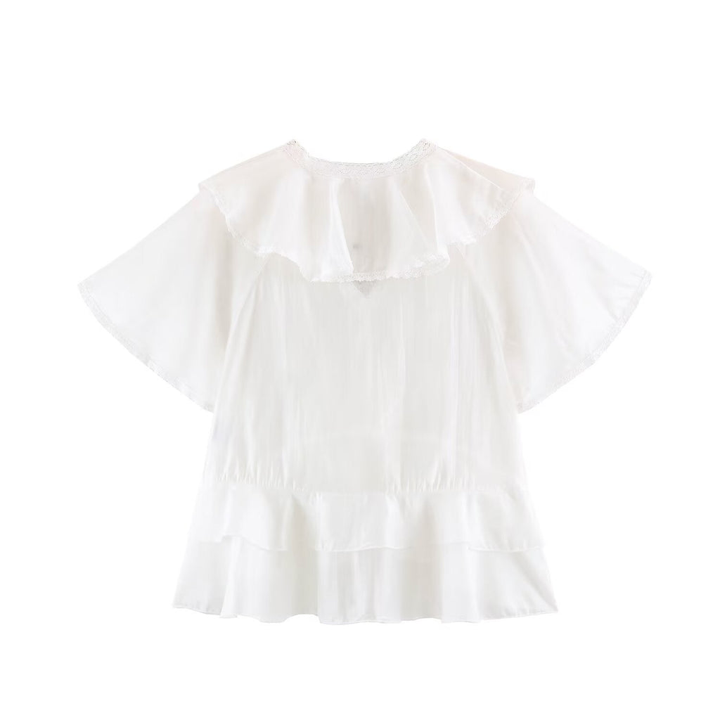 Women Clothing Summer Lace V neck Patchwork Ruffled French White Shirt