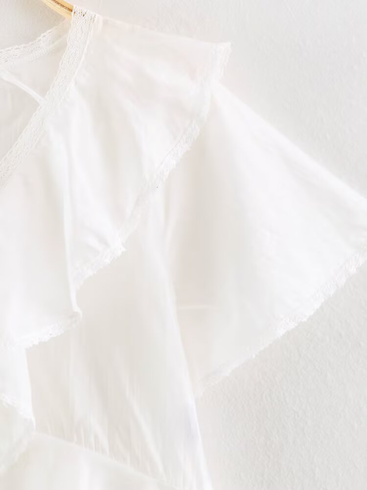 Women Clothing Summer Lace V neck Patchwork Ruffled French White Shirt