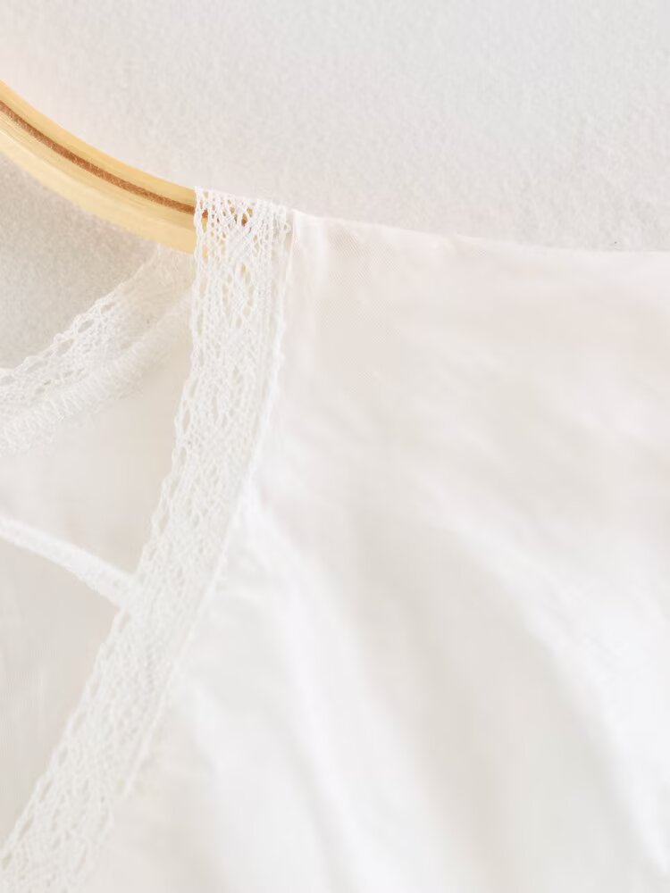 Women Clothing Summer Lace V neck Patchwork Ruffled French White Shirt