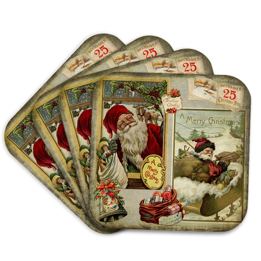 3dRose Andrea Haase Holiday Illustration - Nostalgic Christmas Collage with Santa and Presents - Coasters