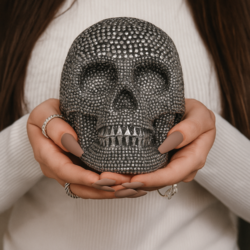 Resin Beaded Skull Decor Silver Skeleton Head Handmade Rustic Bookend Centerpiece Halloween