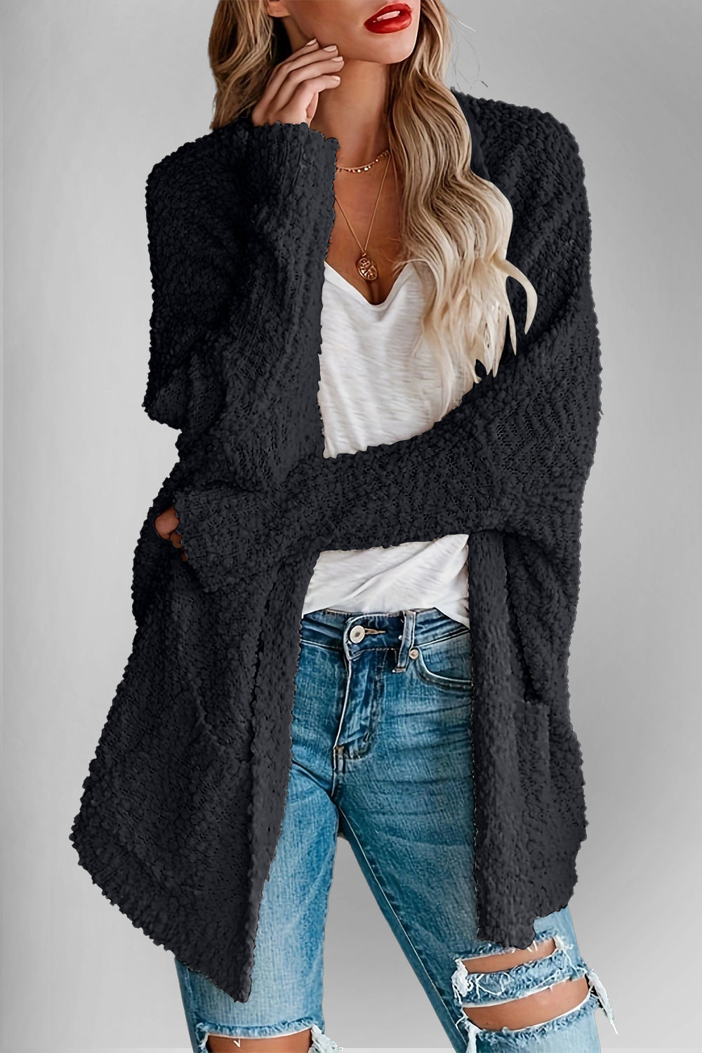 Velvet Bloom Pocketed Open Front Long Sleeve Women Cardigan