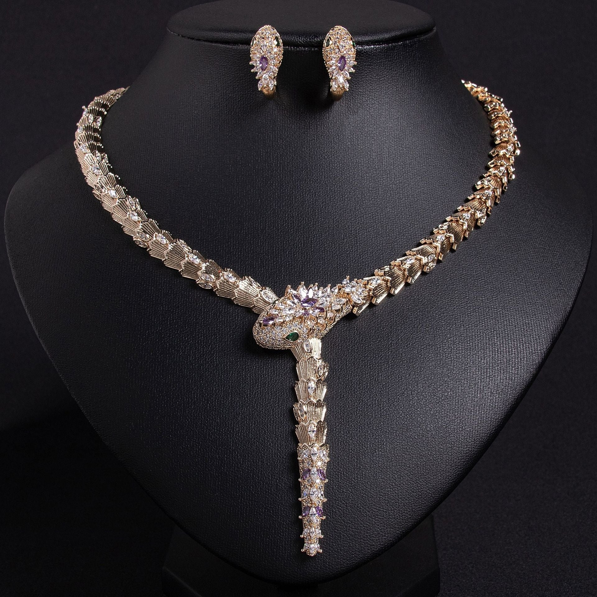 S925 Silver and Zircon Snake-Design Necklace and Earrings Jewelry Set