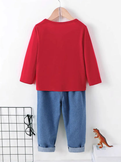 Dinosaur Round Neck Long Sleeve Top and Distressed Pants Set