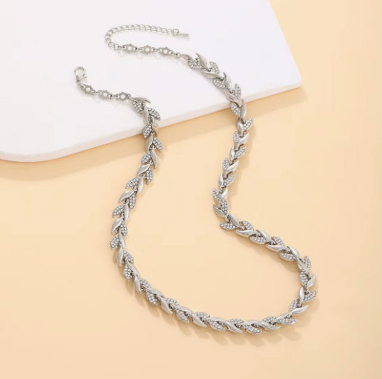 2PCS Glass Leaf Necklace Set Elegant Rhinestone Chain Necklace Bracelet For Women Fashion Luxury Jewelry Set
