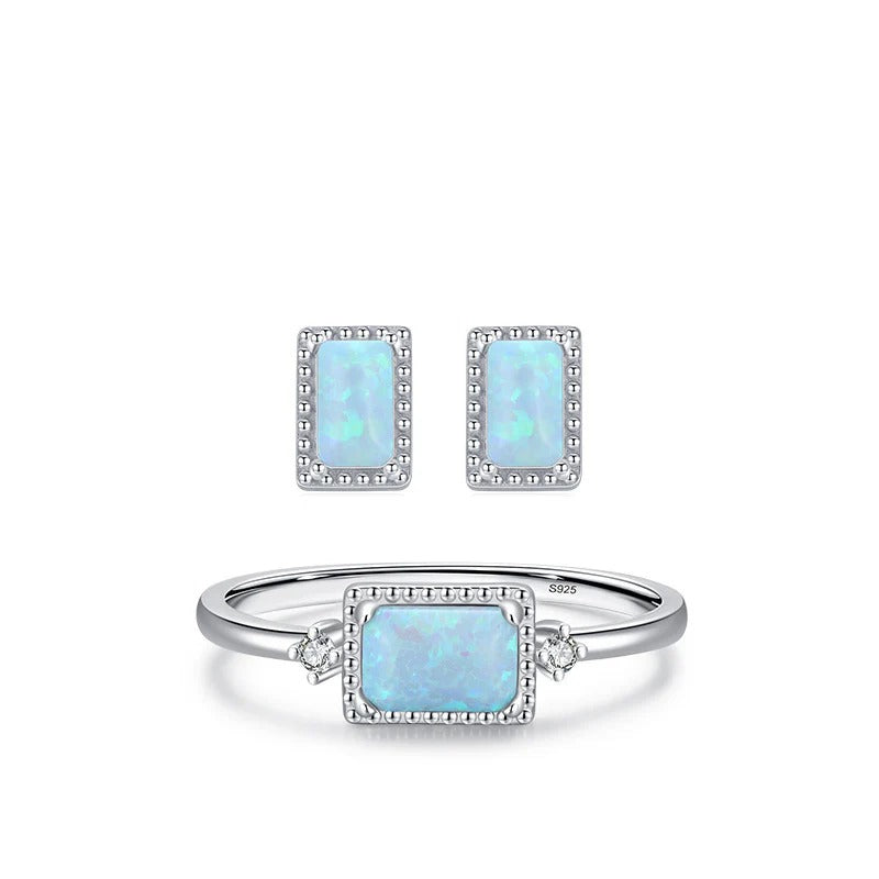 Stacking Geometric Opal Stud Earrings & Sterling Silver Ring Set in Modern Minimalist Design