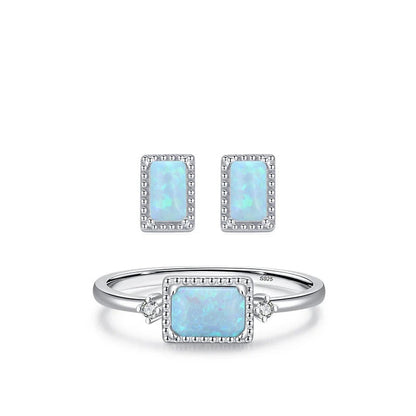 Stacking Geometric Opal Stud Earrings & Sterling Silver Ring Set in Modern Minimalist Design