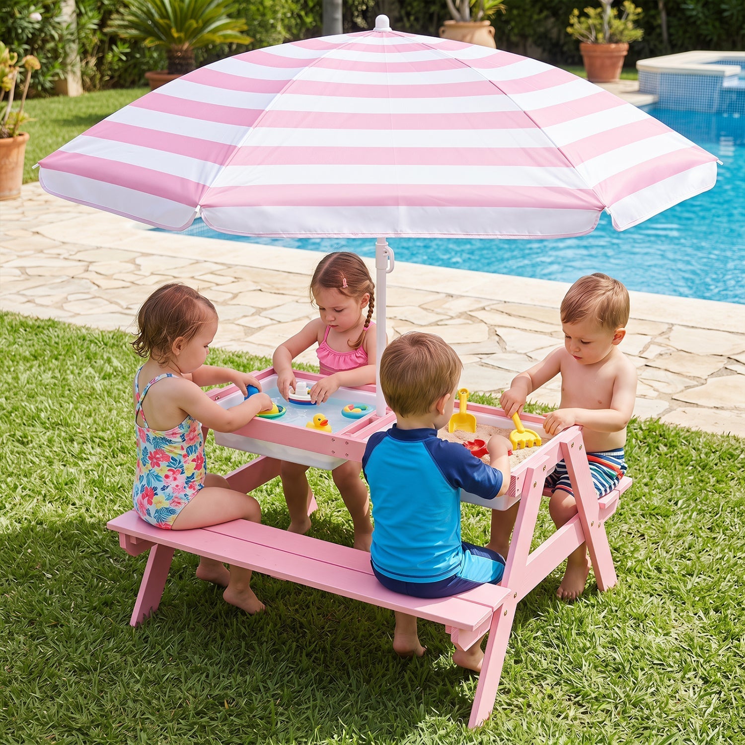 Kids Outdoor Picnic Water Sand Table with Umbrella