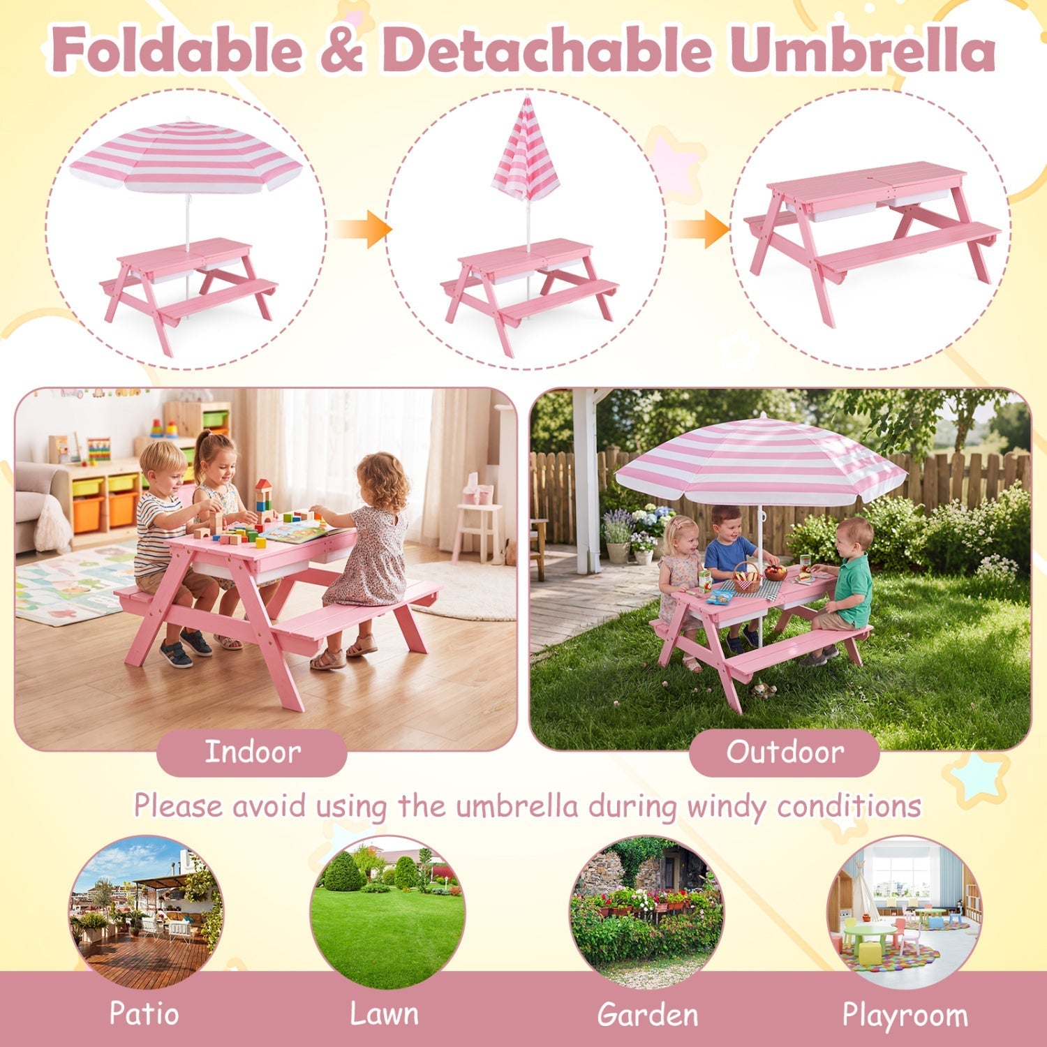 Kids Outdoor Picnic Water Sand Table with Umbrella