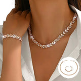 2PCS Glass Leaf Necklace Set Elegant Rhinestone Chain Necklace Bracelet For Women Fashion Luxury Jewelry Set