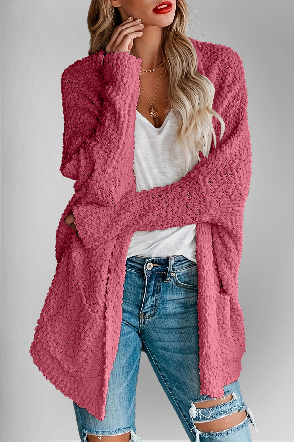 Velvet Bloom Pocketed Open Front Long Sleeve Women Cardigan