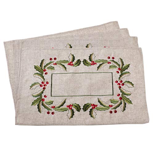 Fennco Styles Embroidered Holly Design Christmas Linen Blend Tablecloth - Natural Table Cover for Home Décor, Banquets, Holiday Gathering and Special Events