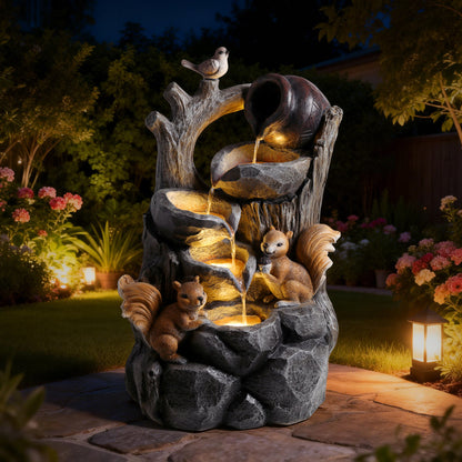 Squirrel Outdoor Water Fountain with LED Lights | Resin Tree Stump & Pouring Jug Waterfall Garden Decor for Patio, Yard & Porch