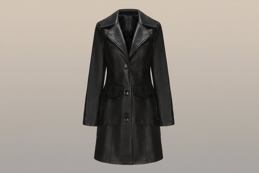 Women’s Long Leather Trench Coat – Fashion Outerwear