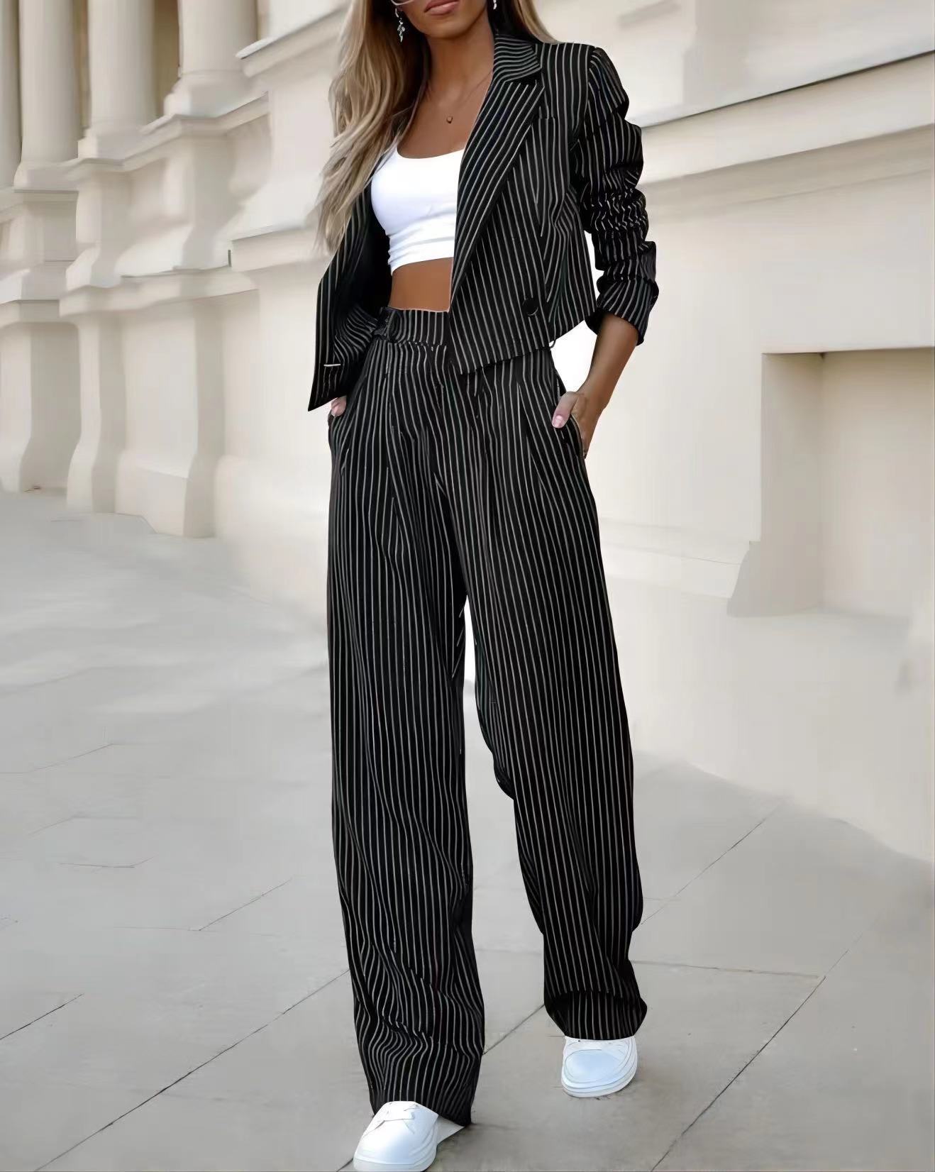 Women's Spring Fashion Striped Suits Casual Lapel Long Sleeve Cropped Top And Straight Pants Outfits Women's Clothing