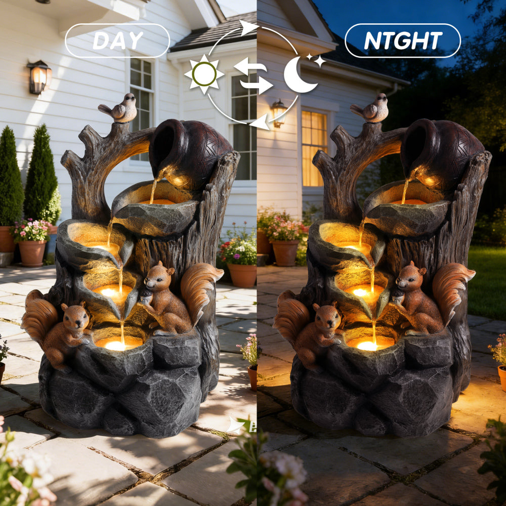 Squirrel Outdoor Water Fountain with LED Lights | Resin Tree Stump & Pouring Jug Waterfall Garden Decor for Patio, Yard & Porch