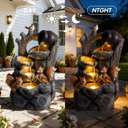 Squirrel Outdoor Water Fountain with LED Lights | Resin Tree Stump & Pouring Jug Waterfall Garden Decor for Patio, Yard & Porch