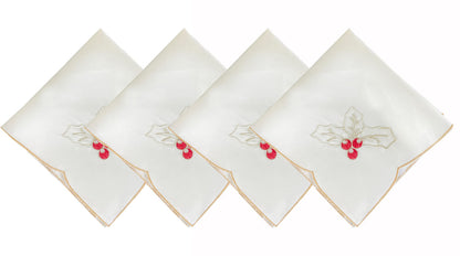 Fennco Styles Christmas Embroidered Holly Cloth Napkins 20" W x 20" L, Set of 4