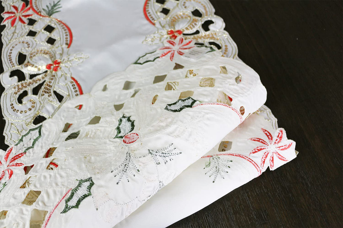 Fennco Styles Christmas Embroidered Holly Cloth Napkins 20" W x 20" L, Set of 4