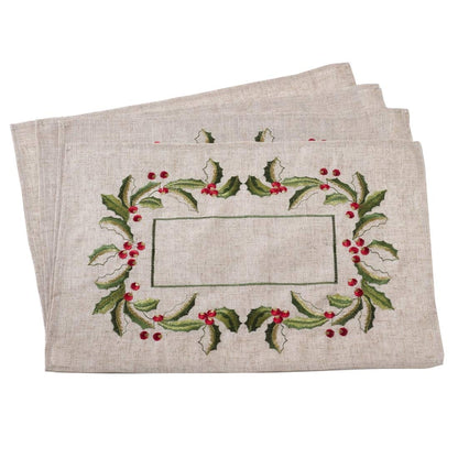 Fennco Styles Embroidered Holly Design Christmas Linen Blend Tablecloth - Natural Table Cover for Home Décor, Banquets, Holiday Gathering and Special Events