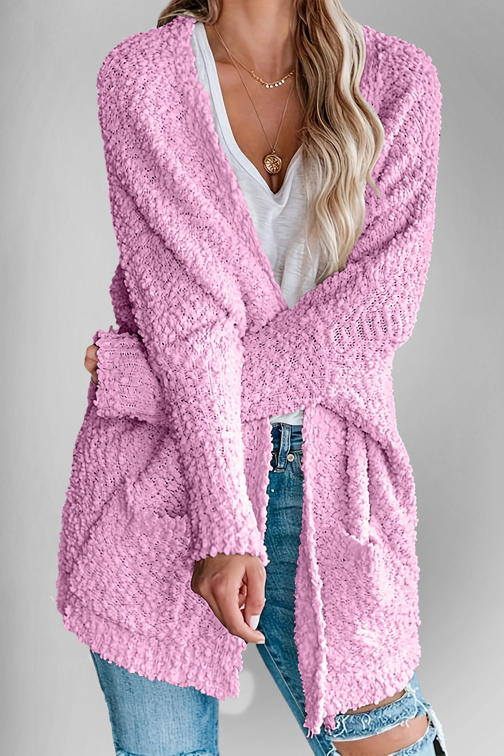 Velvet Bloom Pocketed Open Front Long Sleeve Women Cardigan