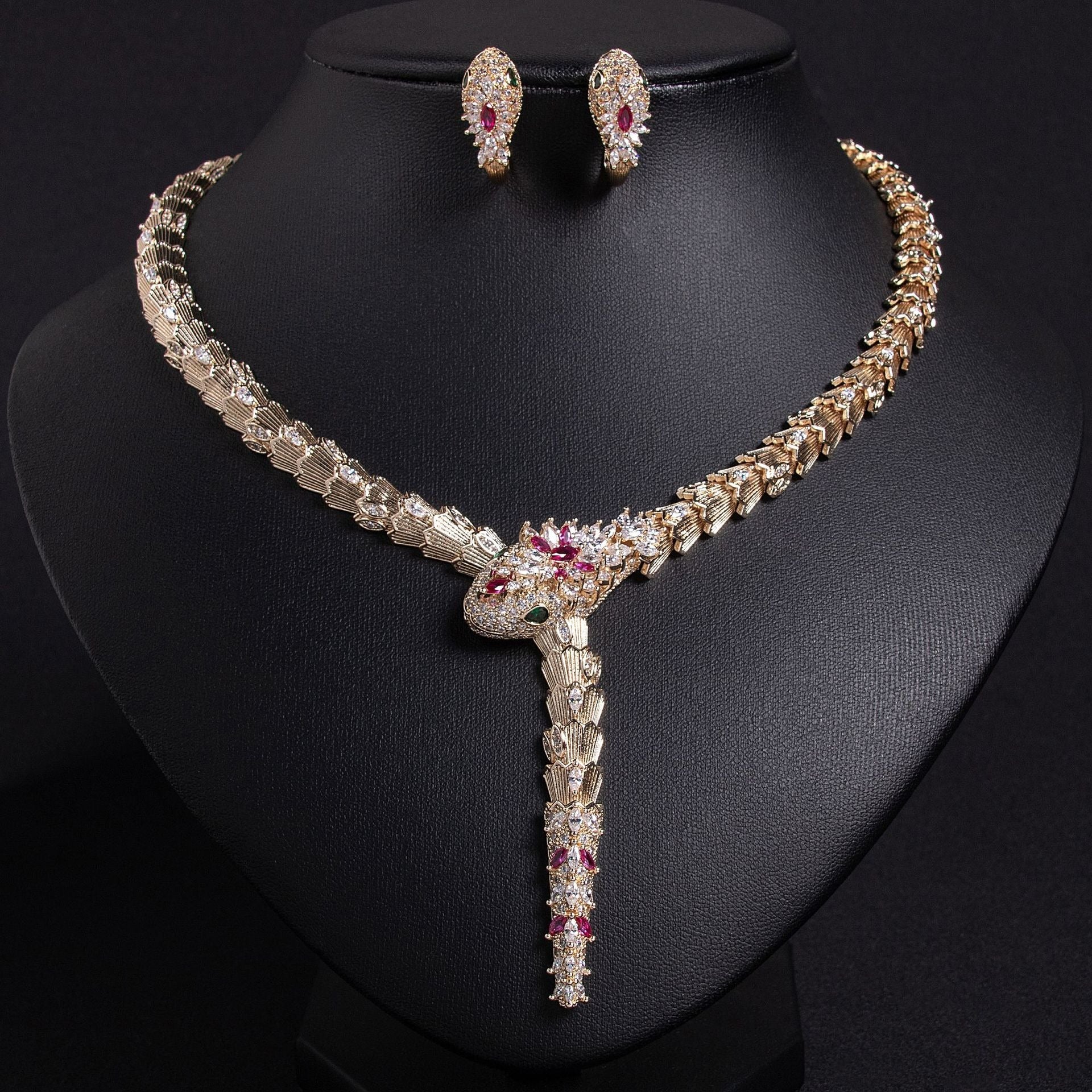 S925 Silver and Zircon Snake-Design Necklace and Earrings Jewelry Set