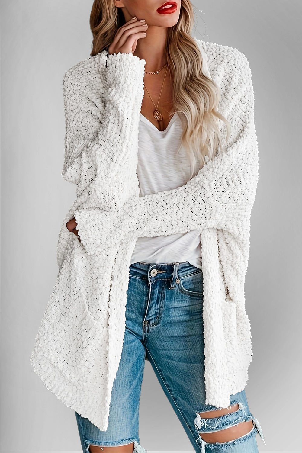 Velvet Bloom Pocketed Open Front Long Sleeve Women Cardigan