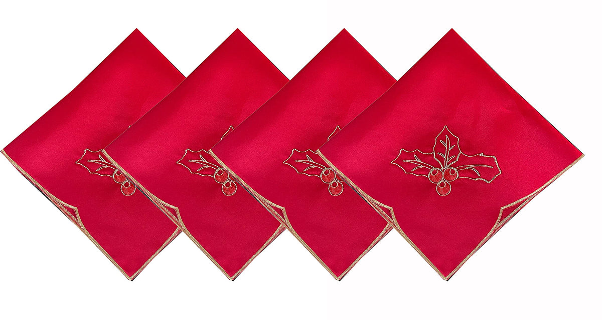 Fennco Styles Christmas Embroidered Holly Cloth Napkins 20" W x 20" L, Set of 4