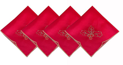 Fennco Styles Christmas Embroidered Holly Cloth Napkins 20" W x 20" L, Set of 4