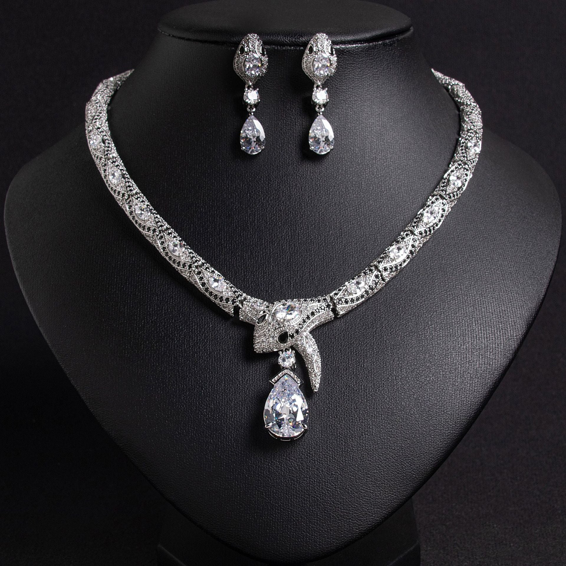 S925 Silver & Zircon Snake Necklace and Earring Set