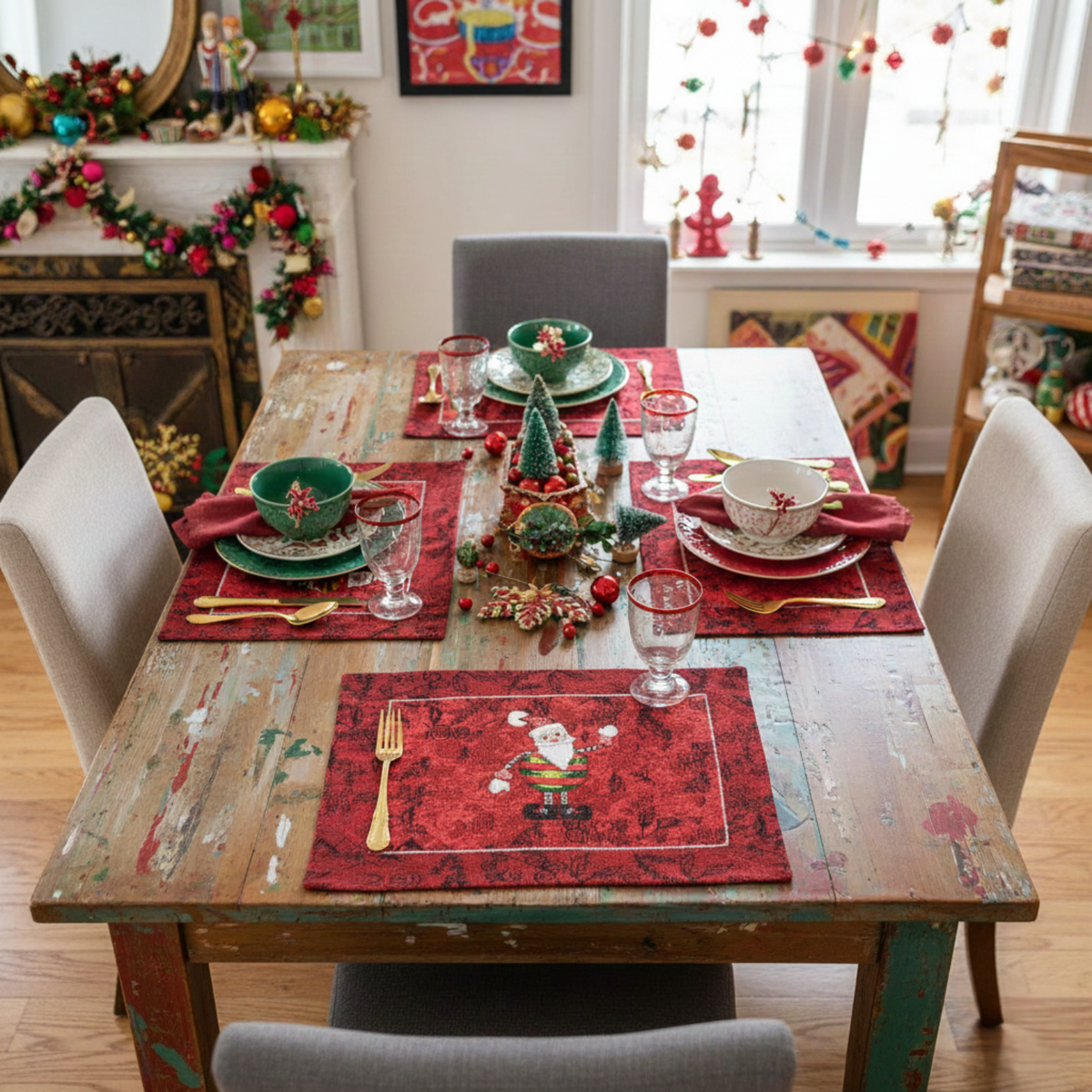 Tache Here Comes Santa Claus Vintage Holiday Woven Tapestry Red Christmas Placemat Set of 4 (8577PM)
