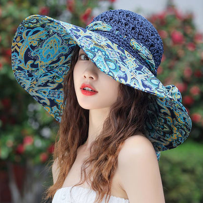 Women's Patterned Straw Beach Sun Hat – Round Crown UV Protection Summer Hat